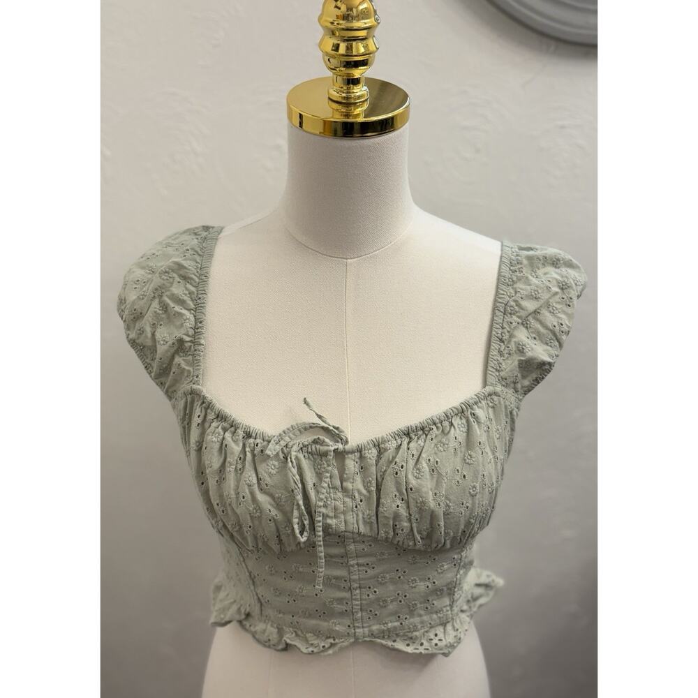 Hollister Hollister Eyelet Babydoll Top Size Medium Smocked Light Green